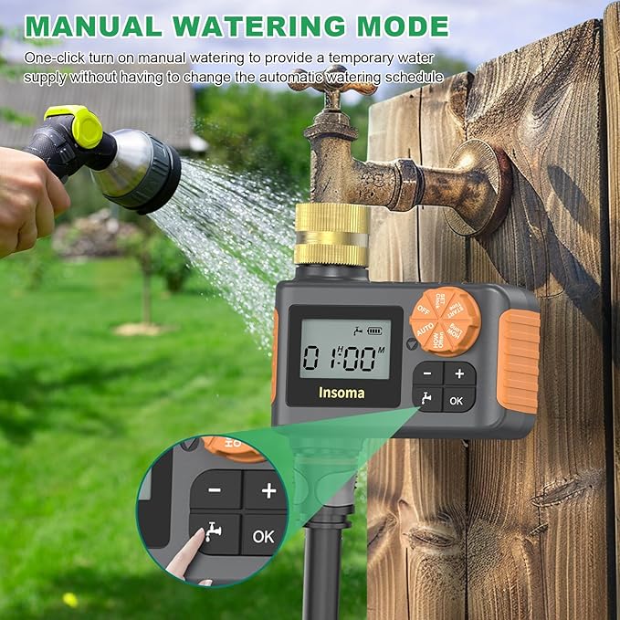 Sprinkler Timer, Hose Timer with Brass Inlet, Water Hose Timer with Rain Delay/Manual/Auto Watering, Auto Irrigation Timer for Yard & Greenhouse, IP55 Waterproof