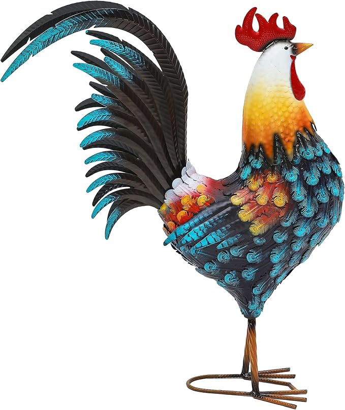 32" Large Metal Rooster Decor, Outdoor Garden Statues, Metal Chicken Sculpture for Backyard Patio Kitchen Decor
