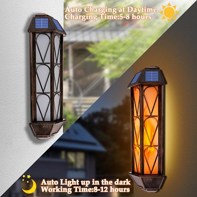 Solar Flame Lights Outdoor, Upgraded 74 LED Flickering Flame Lights, Solar Powered Auto On/Off, Outdoor Waterproof Wall Lanterns for House Garage Doorway Garden Porch Patio Yard Decoration (2 Pack)