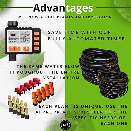 Drip Irrigation System Kit with Timer, Metal Mist, Plastic Mist Nozzle, Red Dripper, 1/4 (65.6 feet) and 5/16 Tube (32.8 feet),Automatic Watering System, Garden Watering System with Timer, Greenhouse