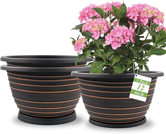 12 Inch pots for Plants, Plastic 3 Pack Large Planter Pots for Outdoor Plants with Drainage Holes & Saucers, Retro Antique Imitation Decorative Garden Indoor Flower Pots(Red Brown)