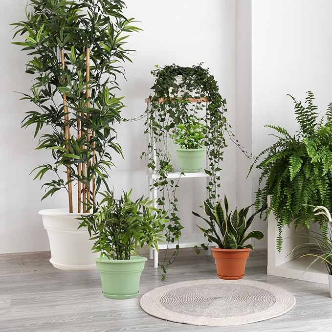 11 Inch Plastic-Flower-Pot-for-Indoor-Plants, 4 Pack Large Outdoor Planter Pot with Drainage Holes & Saucers, Resin Decorative Garden Pots Planters