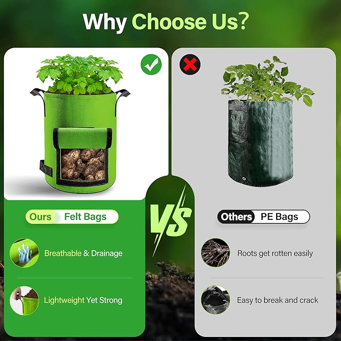6 Pack Potato Grow Bags 15 Gallon with Flap, Grow Bags for Growing Potatoes, Duarable Fabric Garden Planter Pots with Harvest Window for Vegetable and Fruits, Black & Green