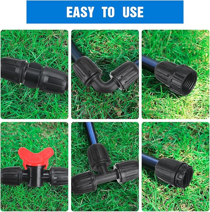 32 Pcs 1/2" Tubing Irrigation Fittings Kit 1/2" ID x 0.6-0.63" OD 16 mm Drip Irrigation Barbed Connectors 4 Switch Valves, 8 Tees, 8 Couplings, 4 Elbows, 4 Ends, 4 Adapters (Blue, Black)