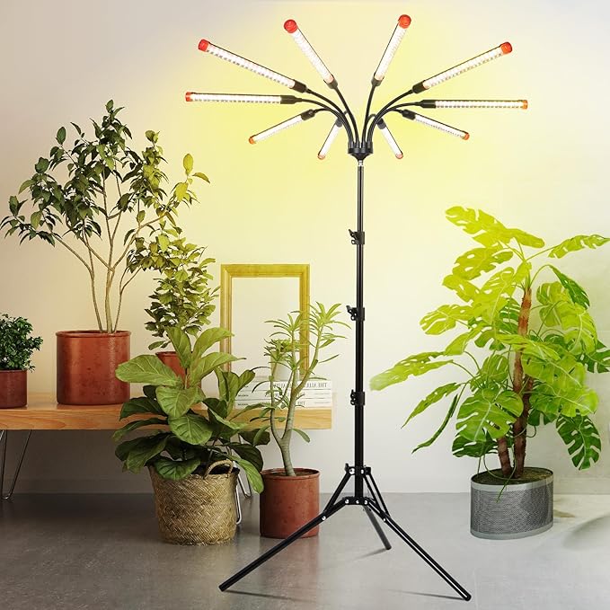 10-Head Grow Lights for Indoor Plants with Stand 90W, LED Plant Grow Light for Tall Houseplants, Bonsai Tree, Full Spectrum Growing Lamp with 4,8,12 Hr Timer, 24"-64" Adjustable Height