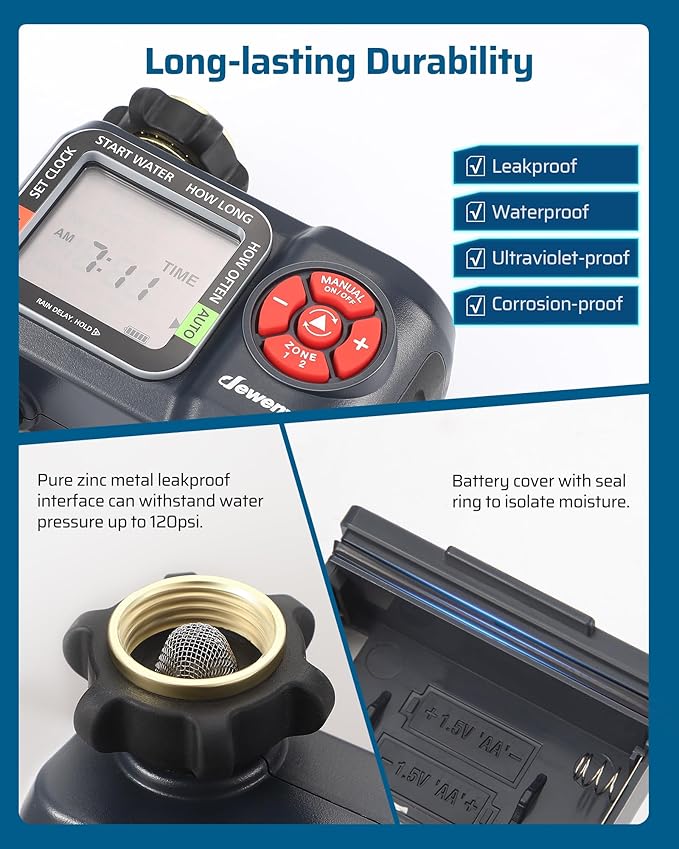 DEWENWILS Sprinkler Timer 2 Zone, Water Hose Timer with Rain Delay/Manual Watering/Automatic Irrigation Timer, Programmable Outdoor Faucet Timer for Garden, Yard, Lawn