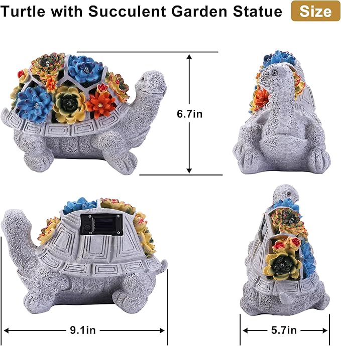Solar Garden Statues Turtle with Succulent and 6 LED Lights, 9.1" L x 5.7" W x 6.7" H Outdoor Solar Decor, Turtle Garden Figurines for Lawn, Balcony, Yard Decoration, Gifts for Mom Wife