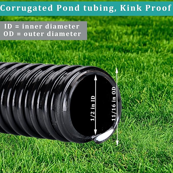 Pond Hose ID 1/2” × 10ft Black Corrugated Flexible Reinforced PVC Hose Vinyl Tubing for Pond Pump Fountain Garden Waterfall, Non-toxic & Kinkproof, with 2 clamps