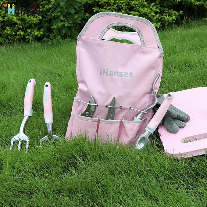 Pink Garden Tool Set 12 Pieces, iHansee Aluminum Gardening Hand Tools with Non-Slip Handle, Kneeling Pad, Apron, Gloves and Organizer Bag, Landscaping Tools - Gift for Women & Garden Enthusiasts