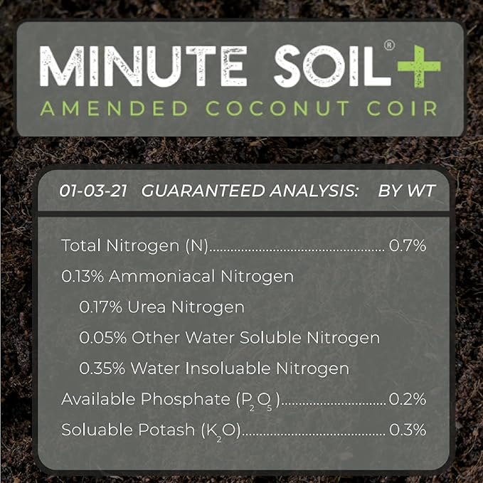 Minute Soil Plus Block - Amended Compressed Coco Coir Fiber Grow Medium - 1 Block = 15 Gallons of Potting Soil (~Wheel Barrow Full) - Enough NPK Added Nutrients to Feed Plants for 1 Season