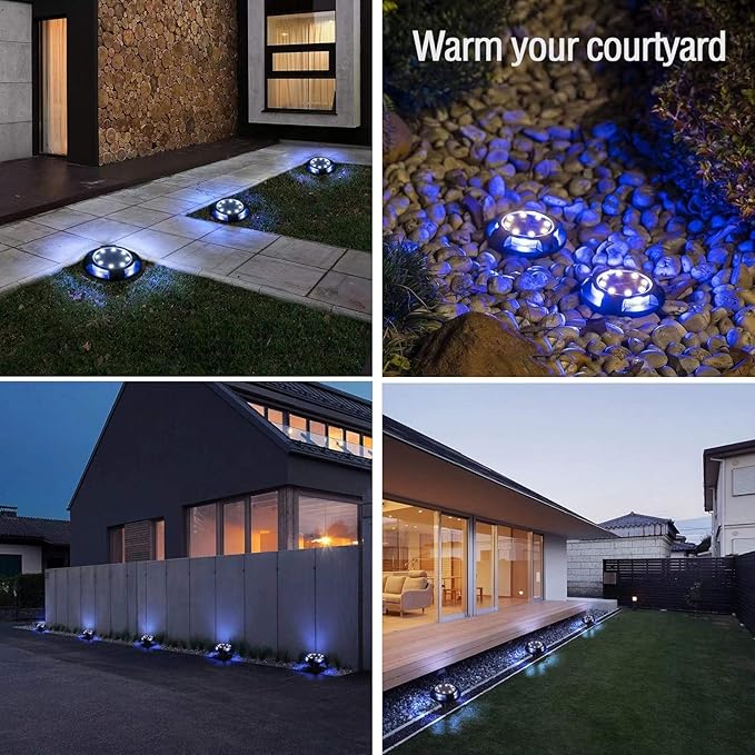 Solar Ground Lights Outdoor 8 Packs LED Disk Solar Powered Waterproof In-ground for Garden Deck Stair Step Lawn Patio Driveway Walkway Pathway Yard Decoration (White + Blue)