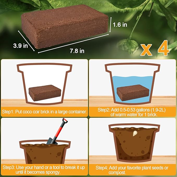 Organic Coco Coir 4 Pcs Compressed Coconut Coir Bricks Coconut Fiber Husk Substrate Mulch Coconut Bark Core Growing Medium Peat Moss Soil High Nutrition for Plants Gardening Seed Starting Soil Mix