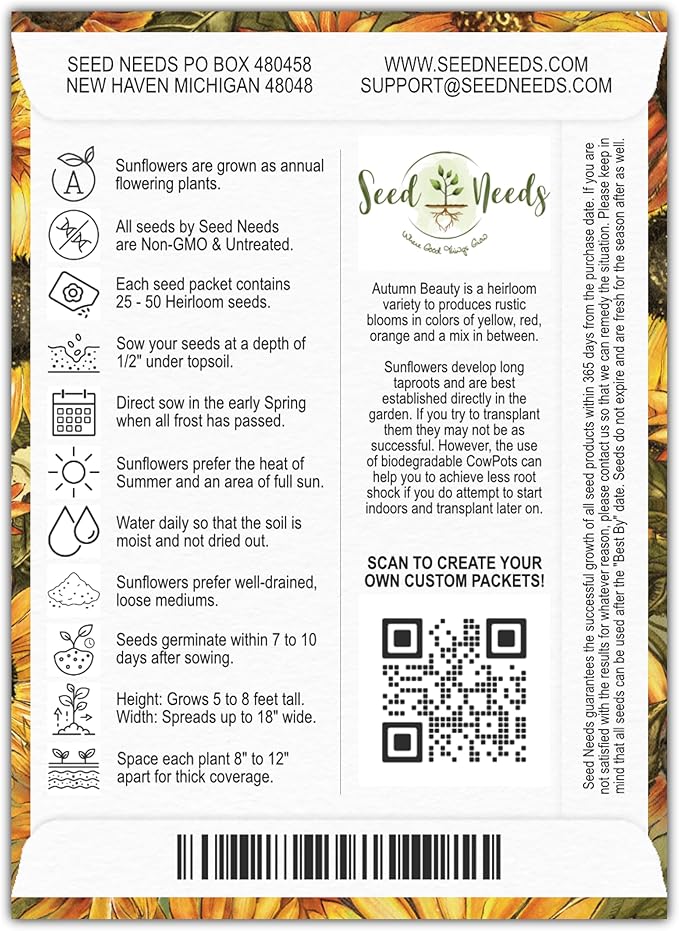 Seed Needs, Sunflower Seed Packet Party Favors - 20 Pre-Filled Packs to Hand Out (Great for Weddings, Bridal Showers, Memorials, Fundraisers & Other Events) Heirloom & Untreated (20 Packets)