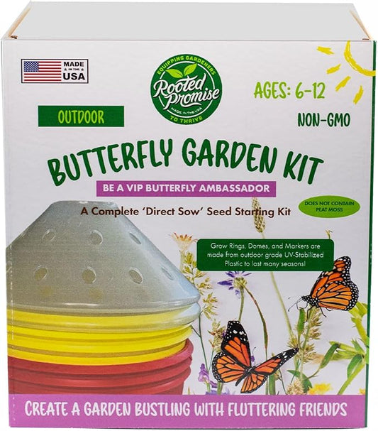 Kids Outdoor Butterfly Garden Kit - Complete Kit for Growing Your Own Butterfly Garden from Seeds with Grow Rings and Greenhouse Germination Domes, Non-GMO Seeds, BPA-Free