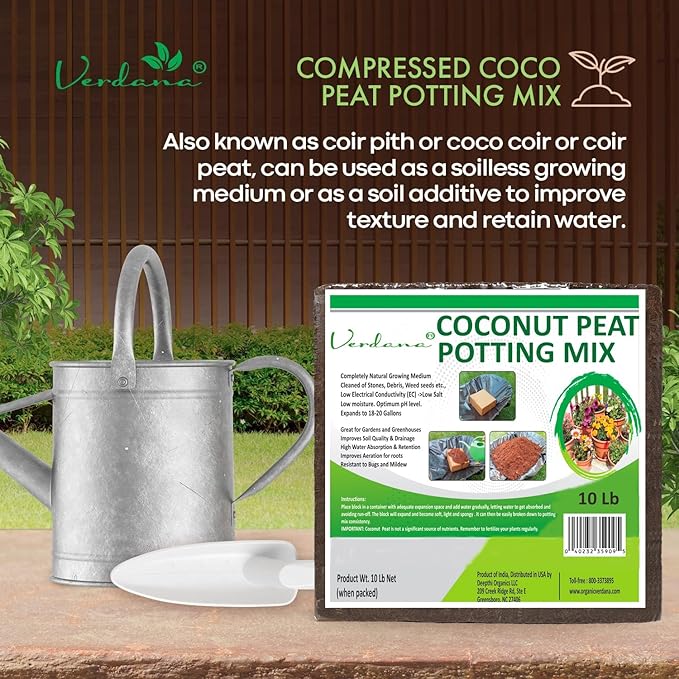 Verdana Coco Coir Brick Potting Mix - 10 Lb Compressed Block – Coconut Fiber, Coco Peat, Coir Pith - Alternative to Peat Moss – Soilless Growing Medium - Low EC, Optimum pH, High Expansion