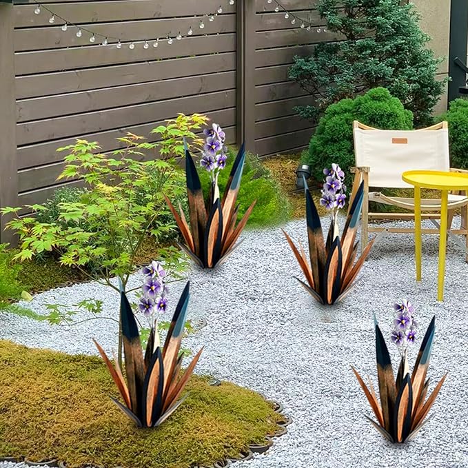 Jesokiibo Tequila Rustic Sculpture DIY Metal Agave Plant Home Decor Rustic Hand Painted Metal Agave Garden Ornaments Outdoor Decor Figurines Home Yard Decorations Stakes Lawn Ornaments (Blue 2PCS)