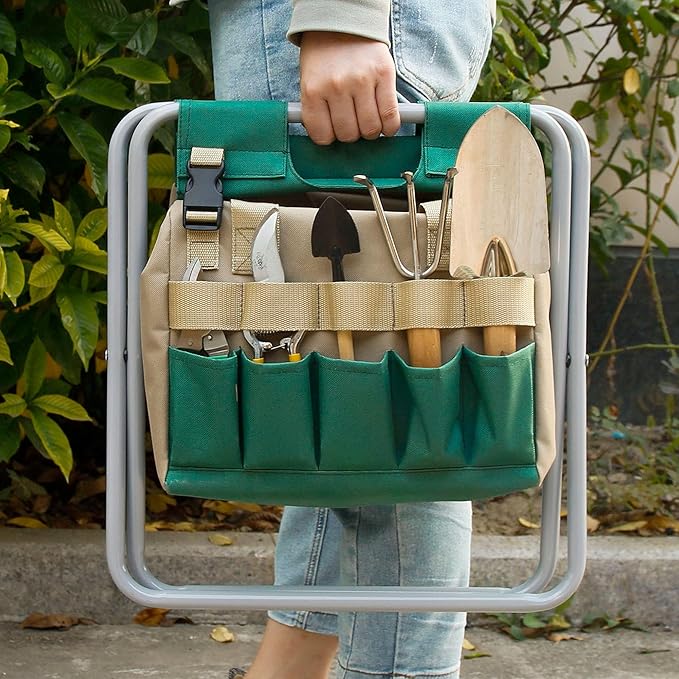Folding Gardening Stool with Detachable Storage Tote Bag, Multifunctional Gardening Tools Set Organizer for Fishing and Camping,Portable Garden Chair Seat for Adults,Without Tools (Green)