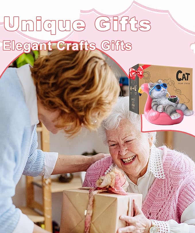 Cat Lying Flamingo Solar Statue: Outdoor Sculptures Clearance for Lawn Porch Patio Balcony Yard - Gifts for Mom Women