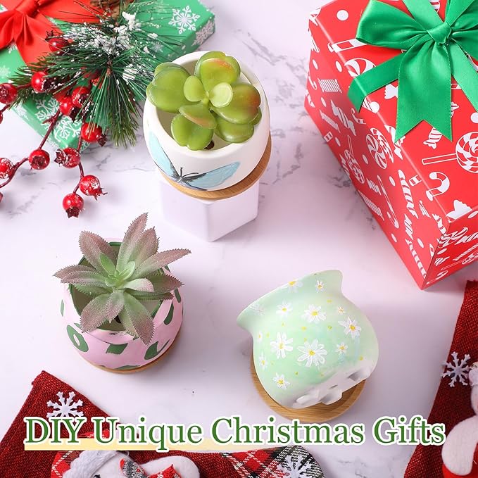 Remerry 6 Pcs 3.5 Inch DIY Ceramic Succulent Pots Figurines Paint Craft Kit Unpainted Ceramic Bisque Paintable Flowerpots with Drainage Hole Ready to Paint Valentine's Day Gifts