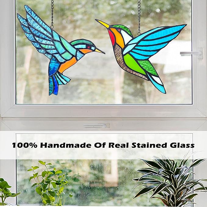 Royxen 2 Pack Hummingbird Stained Glass Window Hangings Handmade Bird Sun Catcher for Home Window