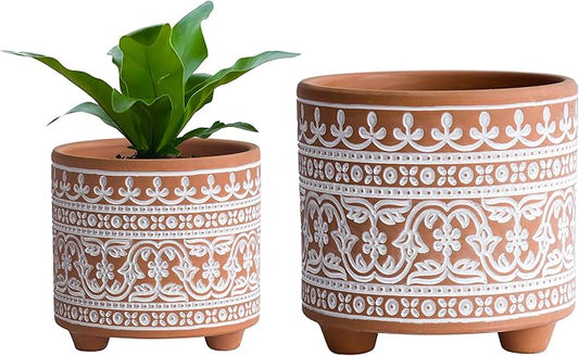 D'vine Dev Set of 2 Terracotta Planter Pots, 4.4 Inch & 6.4 Inch, Wave Pattern Plants Pot with Drainage Hole, Terracotta/White, 31-953-F-1