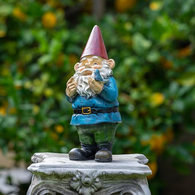 Alpine Corporation 12" Tall Outdoor Garden Gnome with Bird Yard Statue Decoration, Multicolor