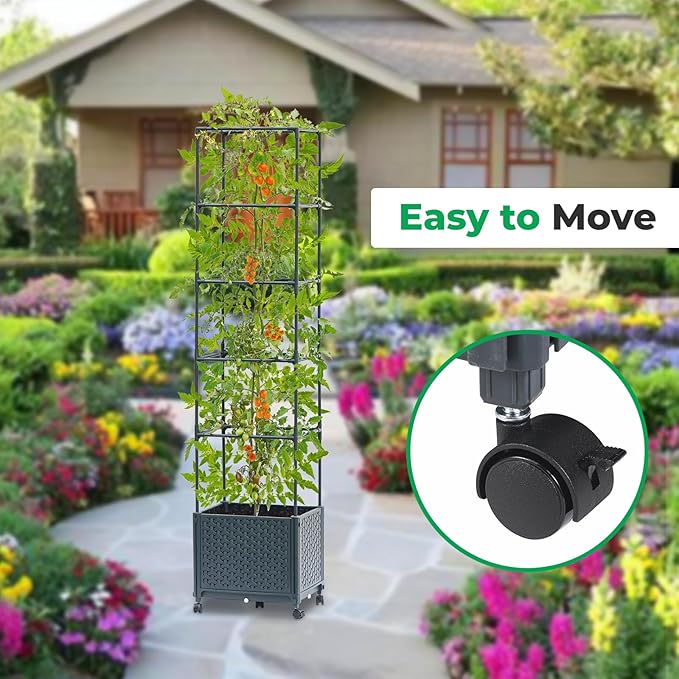 Raised Garden Bed with Tomato Planter Cage, 67.6" Trellis Planter Boxes with Wheels for Outdoor Patio Greenhouse Gardening Climbing Vegetables