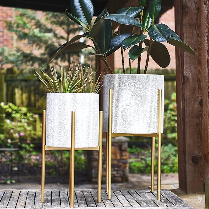 Main + Mesa Modern Boho Embossed Metal Planters with Stands, White and Gold, Set of 2 Sizes