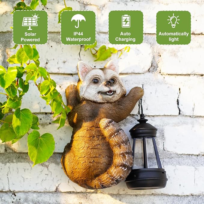 Raccoon Tree Hungger with Solar Lantern - 7.4 Inch Raccoon Outdoor Statue for Garden Yard Decor Outside,Best Garden Gifts for Mom,Women