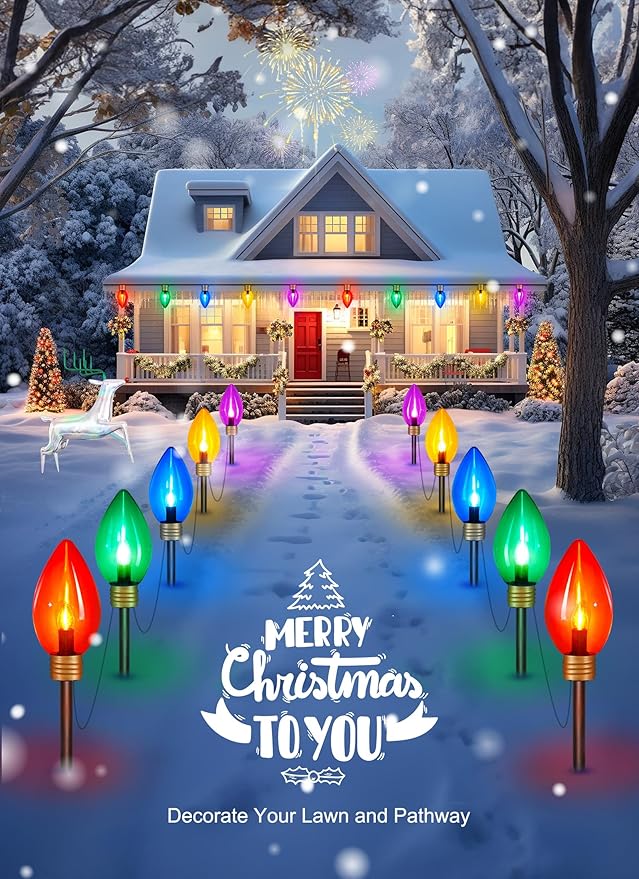 Super C9 11 Feet 5 Multicolor Jumbo C9 Pathway Lights - Colored Bulb Outdoor Christmas Light Decorations for Lawn Holiday Yard