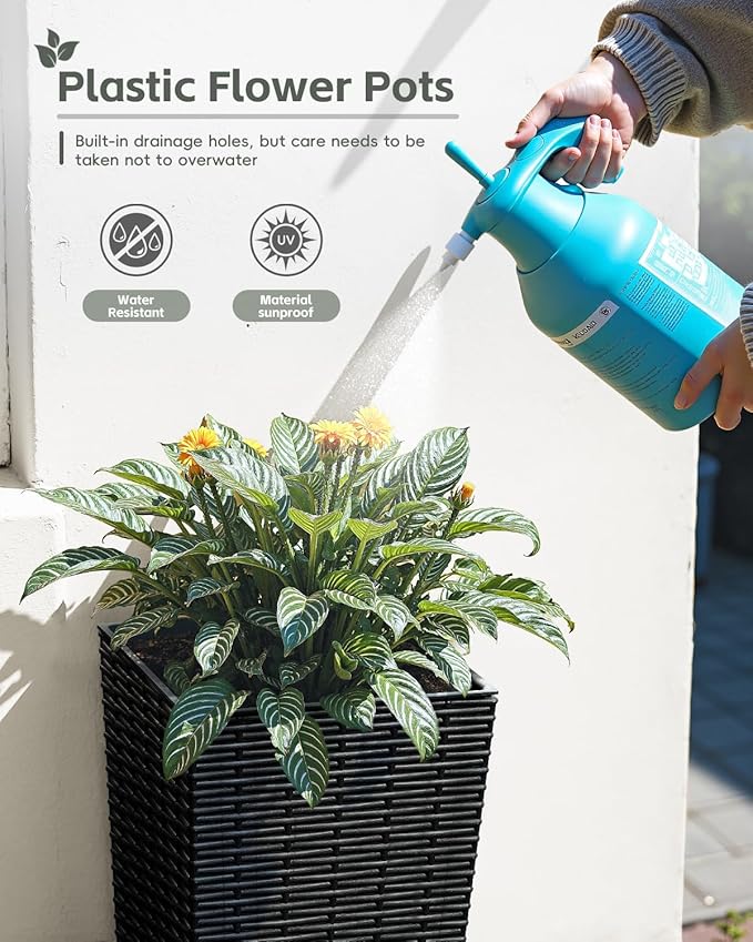 Greesum Large Tall Planter for Outdoors Plants, Set of 2, 24" Tall Plastic Flower Pots, Tapered Porch Planter with Drainage Holes for Patio, Backyard, Black