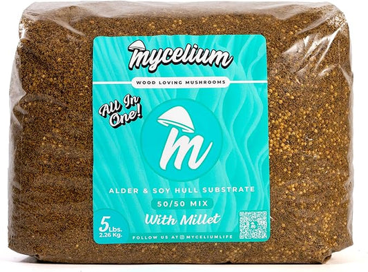 Mycelium Gourmet Mushroom All-in-One Bag - Premium Organic 5LB Blend Alder & Soy Hull Substrate with Sterilized Millet Grain - Perfect for Variety of Wood-Loving Mushrooms - Home Growing Made Easy