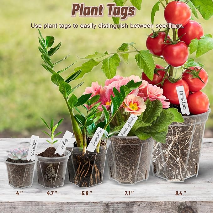 3.9-9.4 Inch Big Size Clear Nursery Pots with Drainage, 6 Sizes 30 Packs Nursery Garden Pots with 10 Plant Labels for Seedling Plants, Nursery Pots Variety for Indoor Outdoor Seed Starter Flower Pots