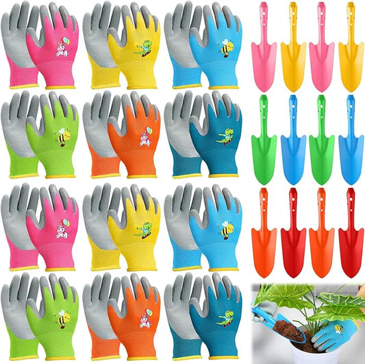 Gisafai 24 Pcs Mini Colorful Metal Hand Shovel and Glove Set Shovel Spade Gloves Digging Trowel Set Kids Gardening Gloves 12 Pcs 11 x 3 Inch