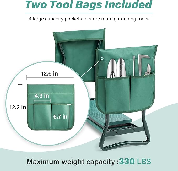 Simple Deluxe Garden Kneeler and Seat, Foldable Kneeling Stool with Thicker EVA Foam Pad, Heavy Duty Bench with Tool Pouch, Gifts for Outdoor Gardening, Fishing, Green