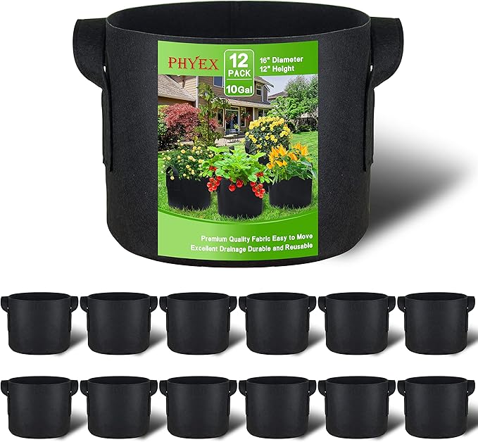 PHYEX 12-Pack 10 Gallon Grow Bags, Thickened 300G Nonwoven Fabric Pots with Reinforced Handles, Planting Bags for Healthy Root Growth, Vegetables, and Flowers, Come with 12 Pcs Plant Labels