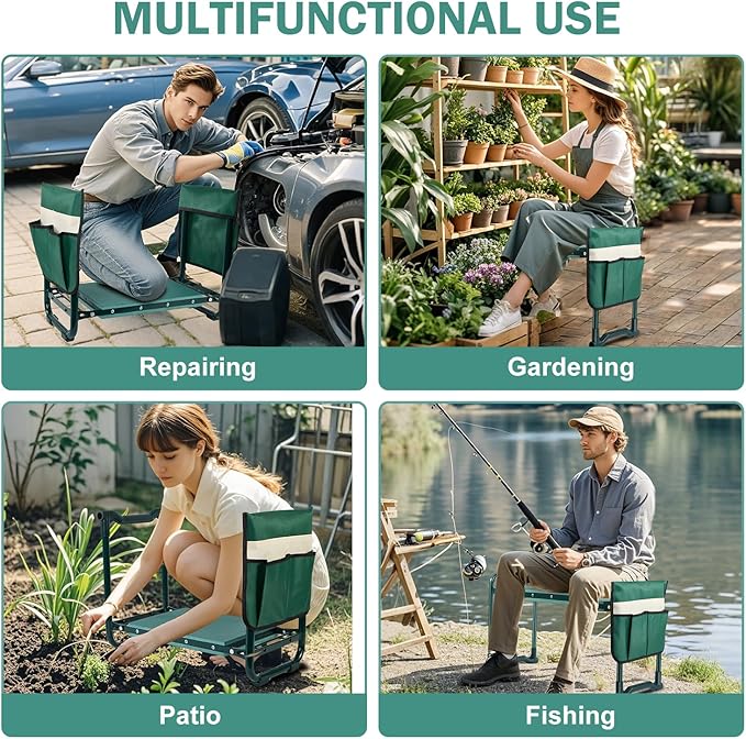 Garden Kneeler and Seat, 2-in-1 Garden Stool with 10" Wide Soft Knee Pads, Heavy-Duty Foldable Gardening Bench Chair with 2 Tool Pouches, Gardening Gifts for Women Men Seniors Mom