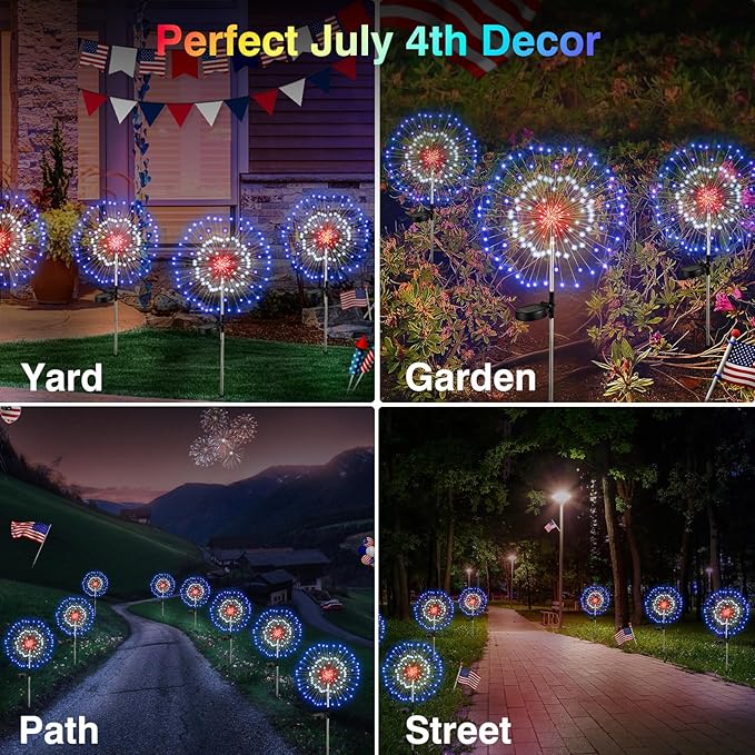4th of July Firework Solar Garden Lights, Red Blue White Solar Firework Lights with 120 LED 2 Lighting Modes, Outdoor Waterproof Yard Lighting for Independence Day Memorial Day Decor, 4 Pack