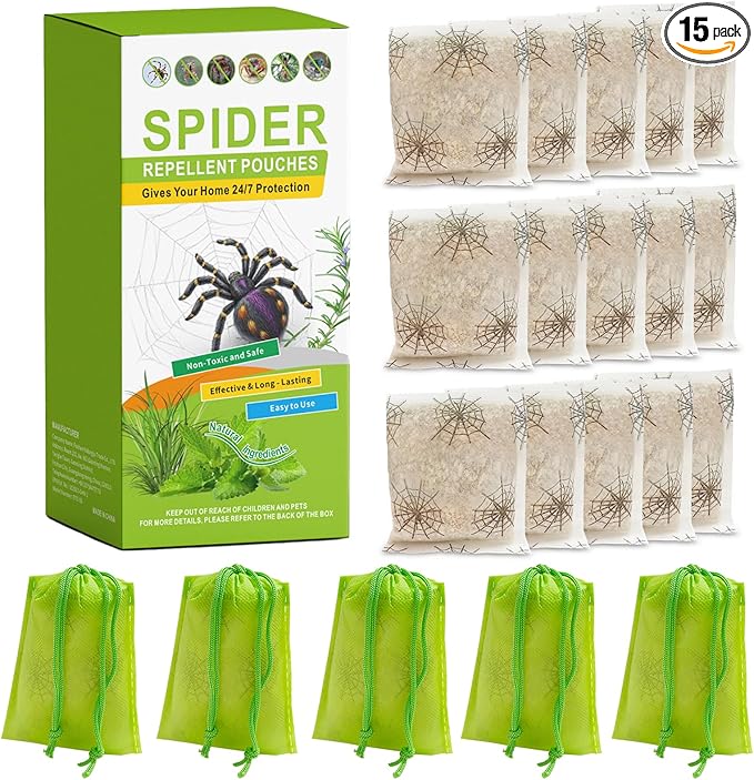 15 Pack Natural Spider Repellent Indoor Use Made with Plant-Based Ingredients, Powerful Spider Repellent Pouches for House Garage to Get Rid of Spiders Outdoor Indoor, Easy to Use, Safe & Non-Toxic
