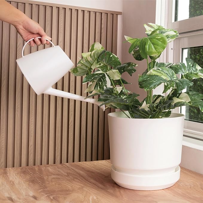 Elly Décor 14 inch Plastic Cylinder Planter Pot with Self-Watering Saucer and Drainage Hole,Lightweight & Extremely Durable, 14"x 14", White