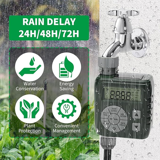 Sprinkler Timer, Zuomeng Water Timer for Garden Hose with Dual Power Design, Professional Anti-Leak Technology, Smart Irrigation with Rain Delay, Automatic/Manual Mode for Efficient Watering, Green