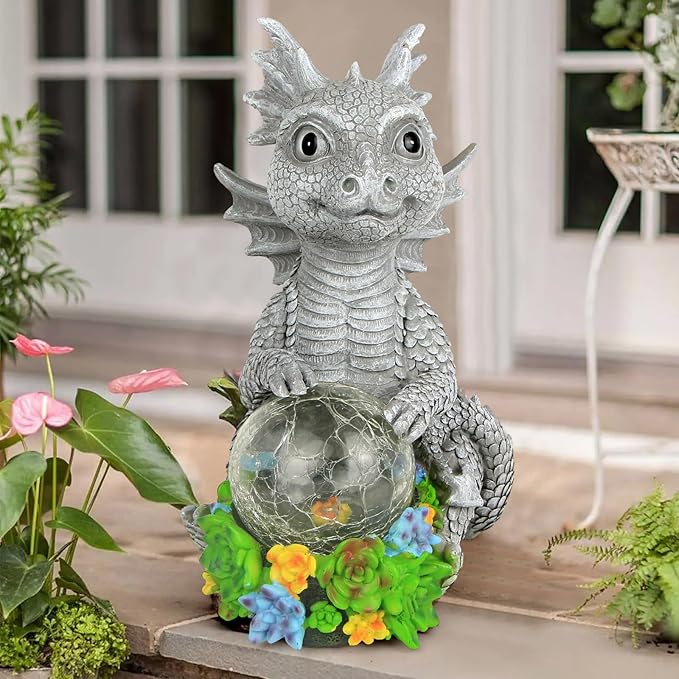 Solar Garden Outdoor Statues Dragon Holding Magic Orb with Solar LED Lights - Lawn Decor Outdoor Statue for Patio, Balcony, Yard Ornament,Unique Gifts for Mom Grandma