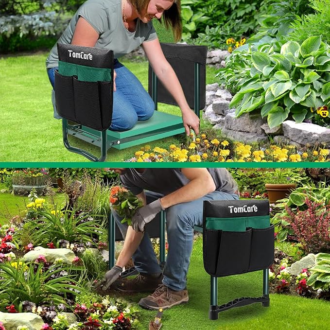 TomCare Garden Kneeler and Seat 10.64” Wider Larger Soft Kneeling Pad Garden Bench with 2 Large Tool Pouches Heavy Duty Garden Stool Foldable Garden Tools Gardening Gifts for Women Men Gardeners