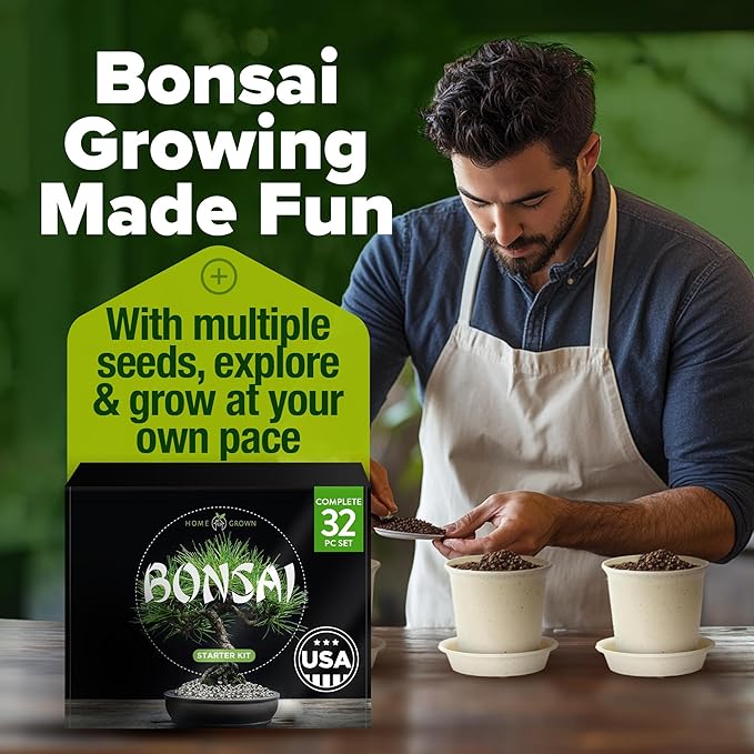 HOME GROWN Bonsai Tree Kit, Grow Your Own: Premium 4 Bonsai Trees Starter Kit | Unique Japanese Gardening Gift for Moms, Women, Men, Beginners & Gardeners | Creative Crafts for Adults BK1-2nd-MF