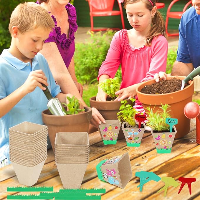 NNG 40 Set Garden Paper Pot Craft Kit,40Pcs Paper Mache Pots Peat Plant Pots with 400pcs Adhesive Foam Stickers & 40Pcs Pots Labels,Flower Plant Spring Craft for Kid DIY Flower Planting