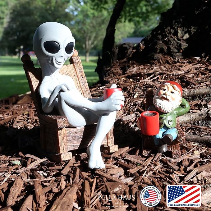 Andre' & Fritz | Celebrating Friendship with a Morning Cup of Coffee | Whimsical Extraterrestrial Outdoor Decor | Garden Statue 2pc Resin Set 6.25”/ 3.50” Tall (Coffee with Friends)