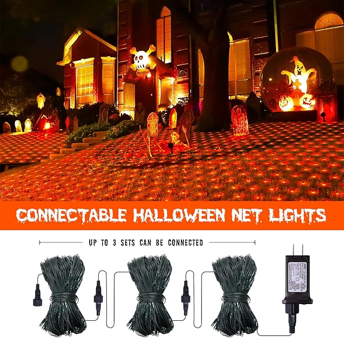 JMEXSUSS 360 LED 12ft x 5ft Halloween Net Lights - Connectable Orange Outdoor Mesh Lights With Remote, 8 Modes Plug-in for Bushes Shrubs Decorations