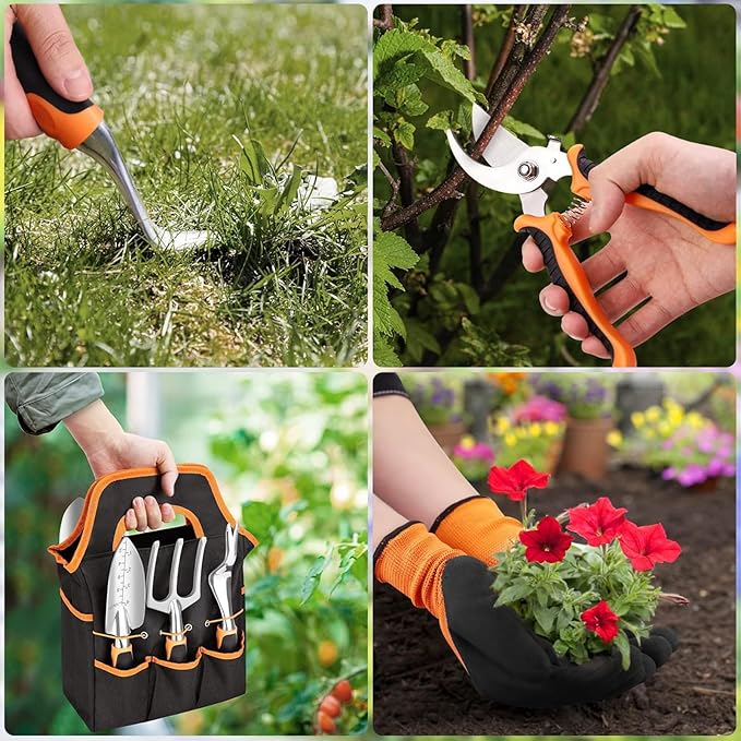 8 PCS Garden Tool Set, Stainless Steel Heavy Duty Gardening Tool Set, Outdoor Hand Tools, Storage Tote Bag, Ideal Garden Tool Kit Gifts for Women and Men