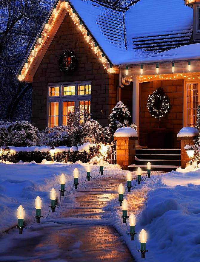 38Ft C9 LED Christmas Pathway Lights Outdoor, 25 C9 LED Warm White Christmas Pathway Stakes Lights Waterproof, Outdoor Christmas Walkway Lights for Yard Lawn Sidewalk Driveway Christmas Decorations