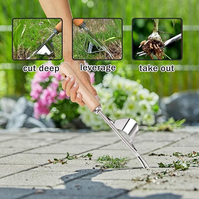 mcwdoit Crack Weeder Tool, Weed Puller Tool with 2 Heads&Scraping Hook, Paver Weeding Moss Remover Brush with Steel Handle for Cleaning Paving Joint Sidewalk Patio Stone Driveway Deck Black